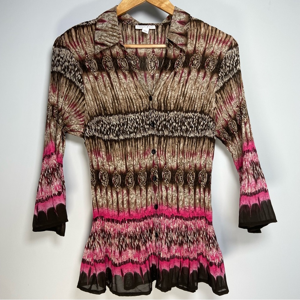 Y2K Fashion Bug Crinkle Button Down Top Brown Pink Fairy Witch Western Cowgirl L
